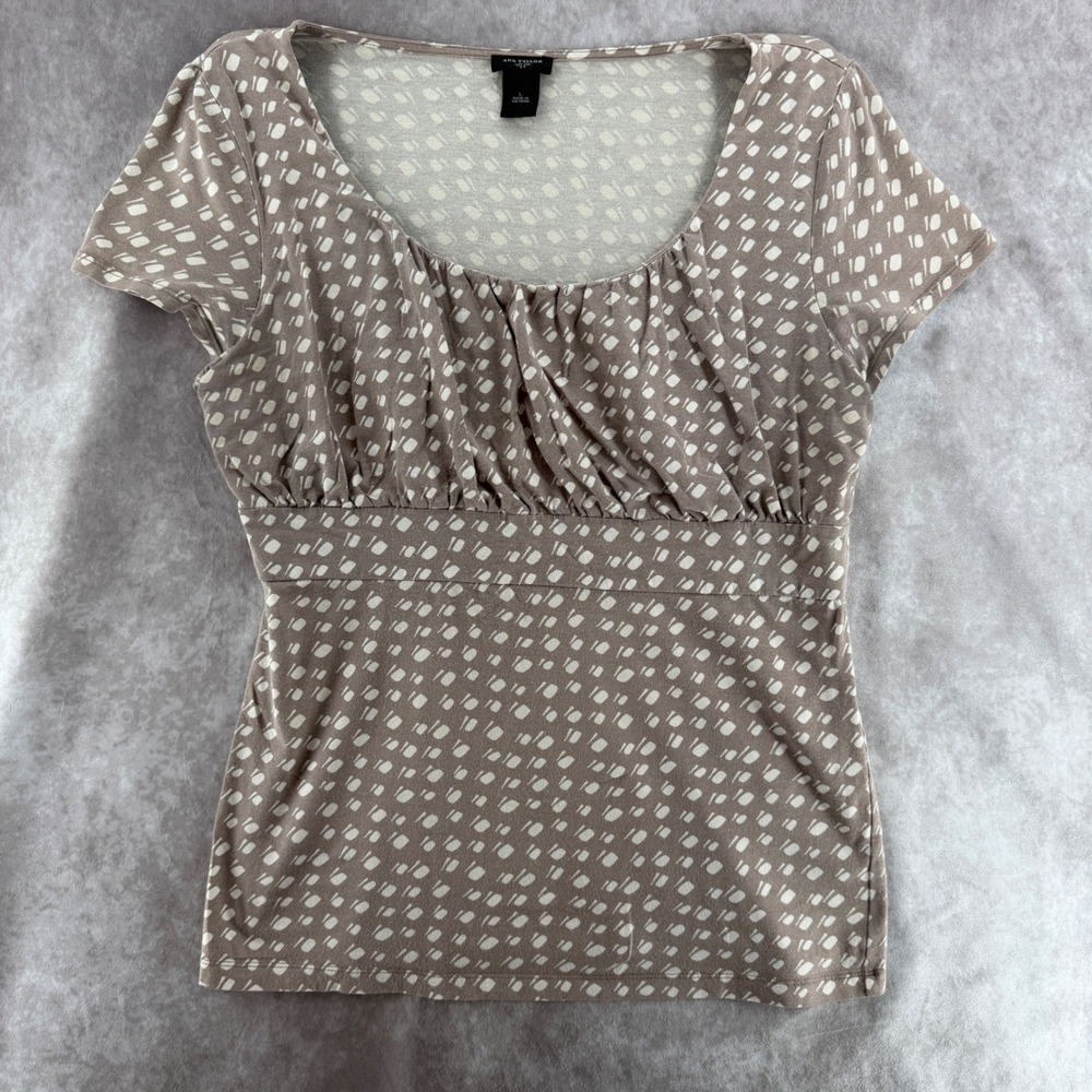 Ann Taylor Womens LG Taupe Cream Geometric Empire Waist Scoop Neck Top BodyCon